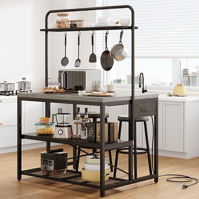 46" Large Kitchen Island Table Baker Rack with Power Outlet and 3-Tier Storage-Microwave Stand Oven Shelf, Metal Coffee Bar Table,Kitchen Storage Shelf for Dining Living Room, 5 Hooks,Grey
