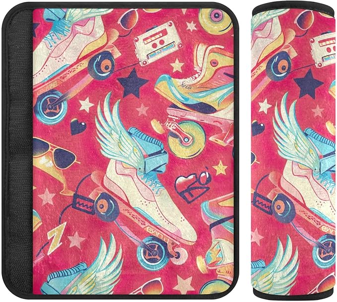 CHIFIGNO Playful Cartoon Roller Skates Red Seat Belt Cover Pad Soft Shoulder Seatbelt Pads Pack of 2 Car Seat Shoulder Pads Protect Your Neck and Shoulder