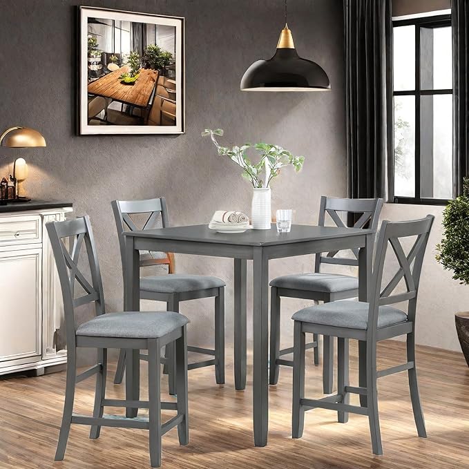 5PCS Dining Table Set, Counter Height Kitchen Table Set with Square Table and 4 Upholstered Chairs, Square Dining Table Set for 4, Gray