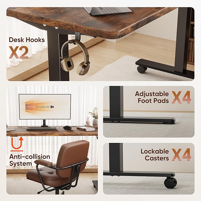 Monomi 55" Electric Standing Desk,Height Adjustable Home Office Sit Stand Up Computer PC Table,Tall Standup Workstation, Gaming Writing Study Bedroom Rising Desks,Brown