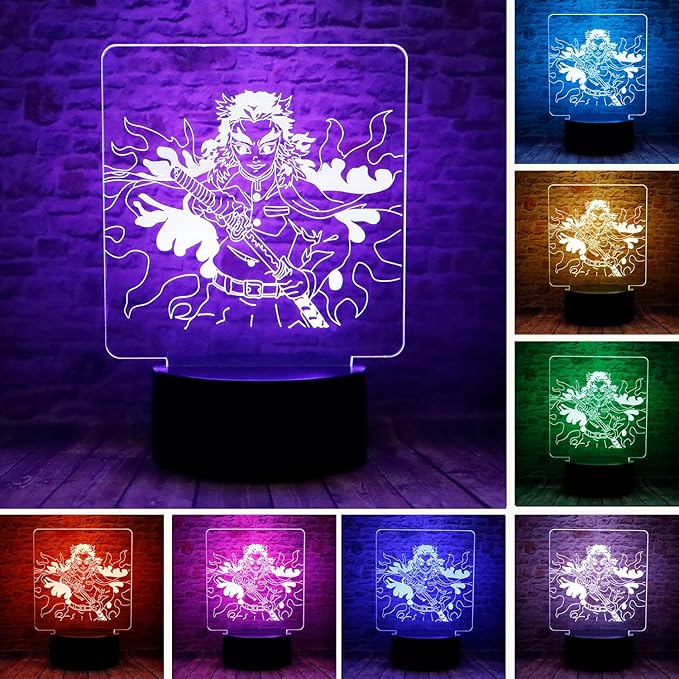 Cute Demon Slayer Kyoujurou Rengoku Anime Character 3D Optical Illusion LED Bedroom Decor Sleep Table Lamp with Remote 7 Colors Visual Night Light Birthday Christmas Gifts for Kids