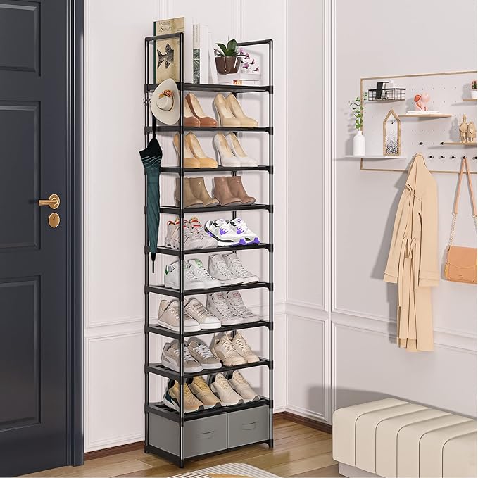 Tall Shoe Rack Narrow 10 Tier Shoes Rack 20 25 Pairs, Shoe Storage Organizer for Closet, Sturdy Metal Shoe Shelf Shoe Stand with 2 Boxes 1 Hook