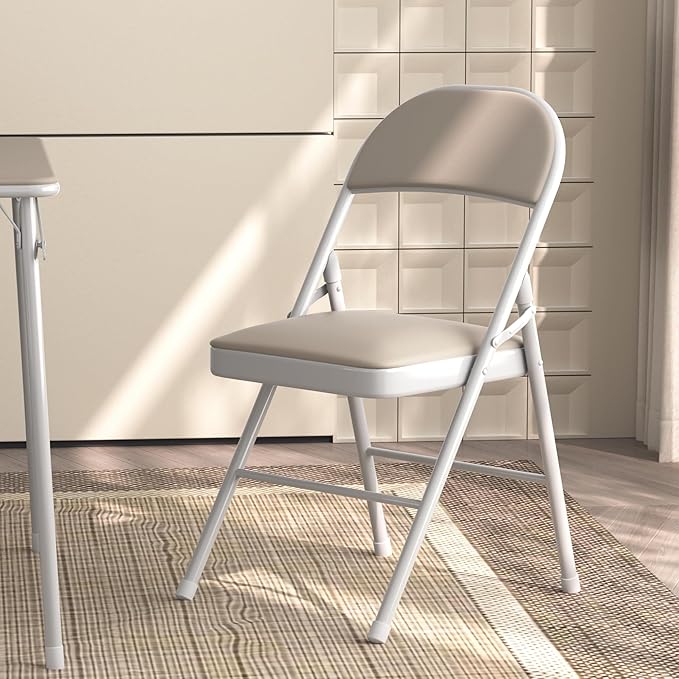 VECELO 4-Pack Folding Chairs Portable Metal with Ultra Soft PU Padded Cushion Seats for Home Office, Beige