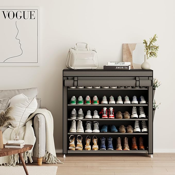 Calmootey 5 Tier Shoe Rack Organizer to Hold 25 Pairs, Portable Shoe Shelf with Nonwoven Fabric Cover for Closet Hallway, Bedroom, Entryway, Grey