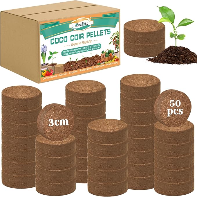 ZeeDix 50pcs (30mm) Coco Coir Pellets Organic Potting Soil for Planting Compressed Coco Coir Soil Coconut Soil Seed Starters for Indoors or Outdoors Bonsai Herbs Plants Flowers and Vegetables