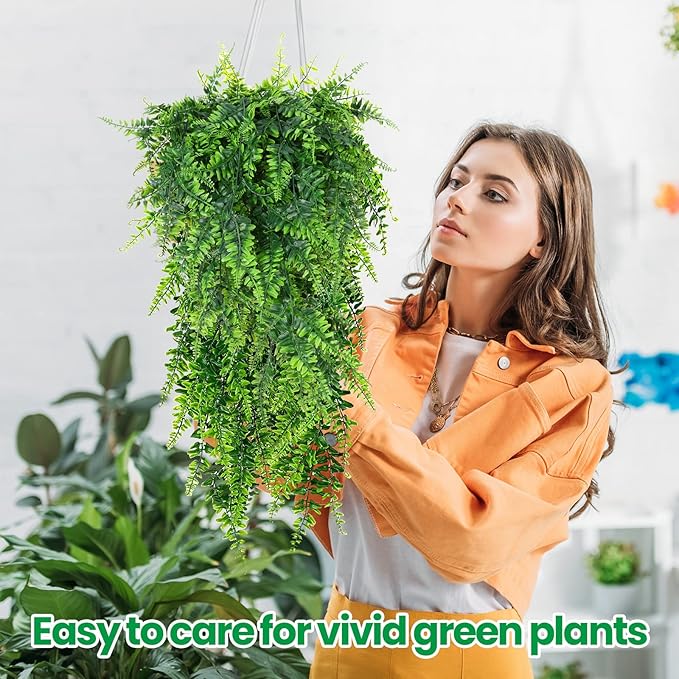 Geosar 12 Pcs Artificial Hanging Plants 32 Inch Hanging Boston Ferns Plastic Fake Plants for Wall Room Garden Wedding Garland Indoor Outdoor Decoration, No Basket