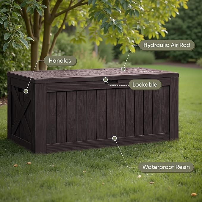Flamaker Resin Deck Box 120 Gallon Waterproof Large Outdoor Indoor Storage Box Imitation Wood Resin for Patio Furniture Garden Tools and Pool (Deep Brown)