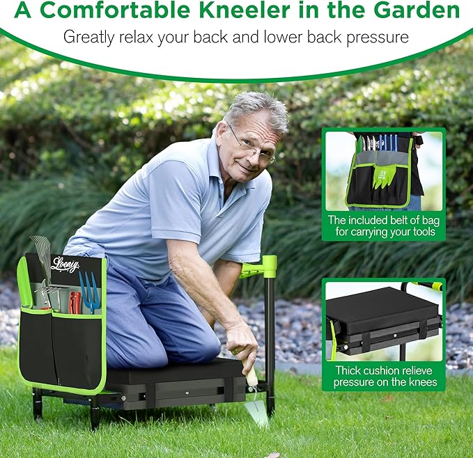 10.8” Wide Garden Kneeler and Seat, Heavy Duty Foldable Gardening Stool with Tool Belt Pouch, Included Thickened Kneeling Pad, Portable Gardening Bench Chair for Seniors & Parents