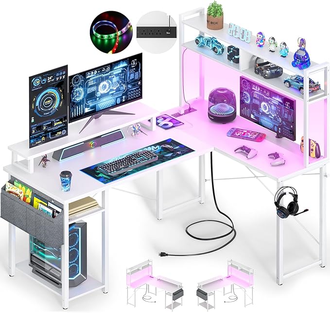 Small L Shaped Desk Gaming Desk with Power Outlets, 48" Reversible L Shaped LED Computer Desk with Monitor Stand & Storage Shelf, Corner Gamer Desk Home Office Desk with Storage Bag, White