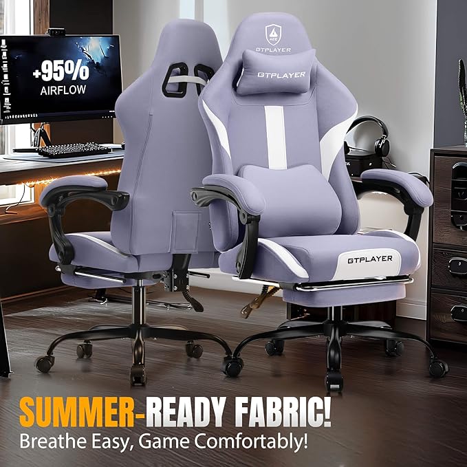 GTRACING Gaming Chair with Foot Rest & Pocket Spring Cushion, Breathable Fabric for Home Office Desk, Ergonomic High Back Computer Chair with Headrest & Lumbar Support, Lavender Purple