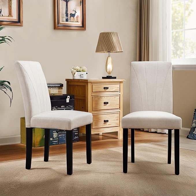 VECELO Upholstered Dining Chairs Set of 4, Modern Fabric and High Back & Solid Wood Legs, Parsons for Kitchen/Living Room- Beige