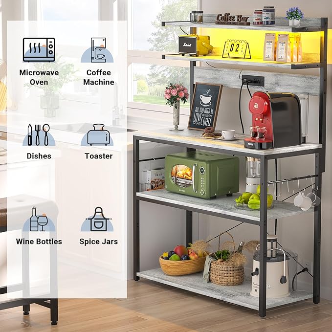 Aheaplus Bakers Rack with Power Outlet, Microwave Stand, 5 Tiers Coffee Bar Station with Led Lights, Kitchen Storage Shelf with 6 S-Shaped Hooks, Kitchen Rack Coffee Bar Stand, White Oak