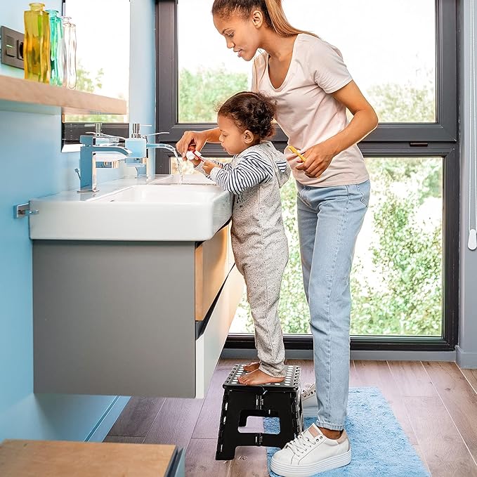 Delxo 9 Inch Folding Step Stool, Black Step Stools for Kids Foldable,Portable Collapsible Step Stool with Handle, Folding Stool for Kitchen Bathroom,Bedroom,Garden