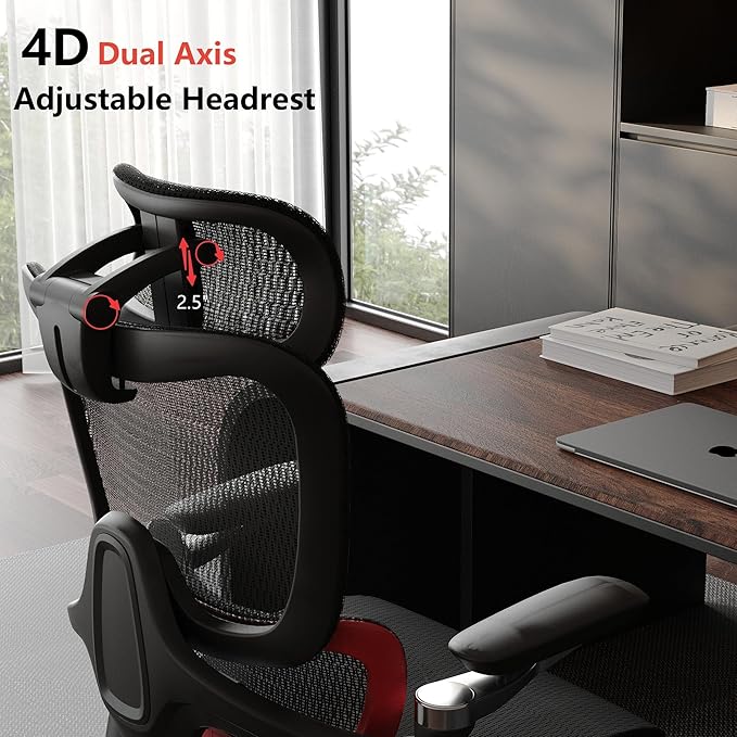 Ergonomic Office Chair, Big and Tall Mesh Computer Gaming Chair with Adaptive Lumbar Support, Work Chair with Headrest, 5D Armrest,90-130°Tilt, BIFMA Certified, Model Zen (Red)
