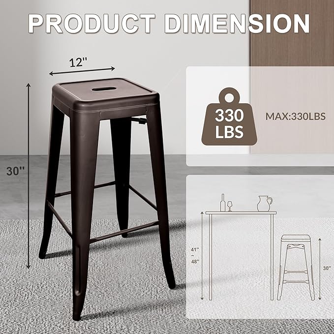 30 Inches Metal Bar Stools, High Backless Stools, Indoor Outdoor Stackable Kitchen Stools, Set of 4, Brown