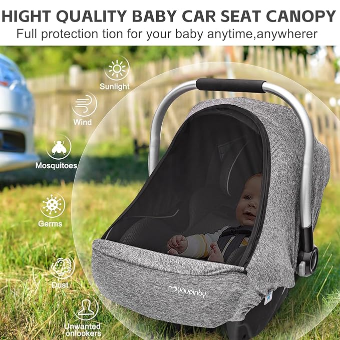 Baby Car Seat Cover, Extra Large Mesh Window, Breathable Fabric, Infant Windproof Canopy, Universal Fit CarSeat Covers for Babies, Machine Washable, Must Have Baby Gift. (Gray)