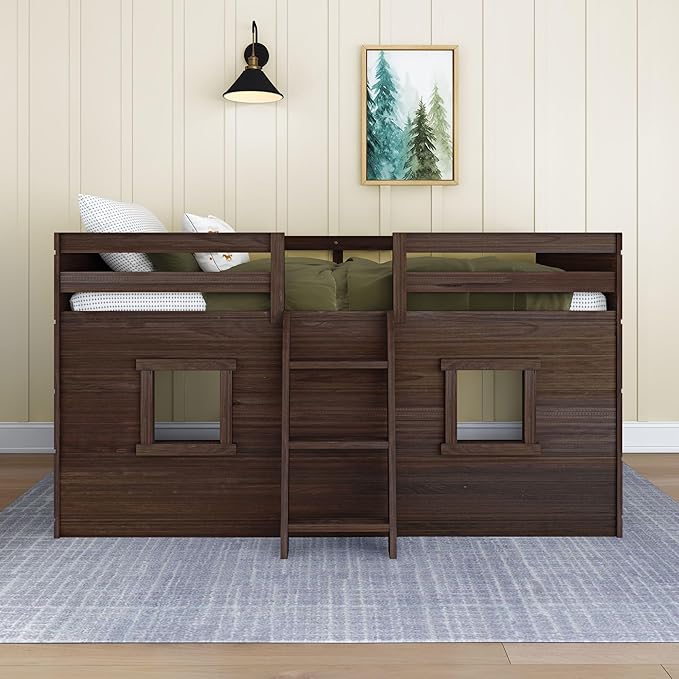 Max & Lily Modern Farmhouse Twin Low Loft Bed with Two Windows - Solid Wood, 15” Guardrails, 400-lb Capacity, Low-VOC Finish, Barnwood Brown