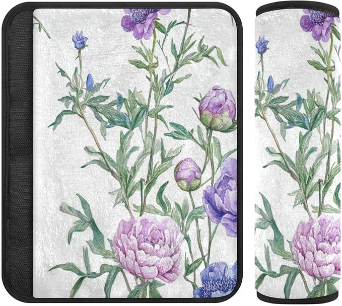 Car Seat Belt Pads 2 Piecing Soft Baby Seat Shoulder Strap Cover for Women Men Kids S Florals Peonies Violet Peonies White