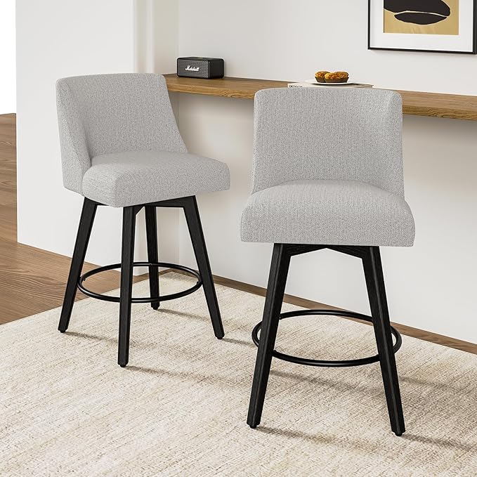 26.8 Inch Counter Height Bar Stools with Back, Swivel Bar Stools Set of 2, Modern Kitchen Barstools with Footrest, Linen Upholstered Bar Chairs, Solid Wood Legs for Island, Pub, Light Grey