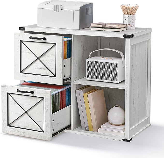 VASAGLE Lateral File Cabinet, Filing Cabinet with 2 Drawers, Printer Stand, 2 Open Compartments, Fit A4, Letter Size, Hanging File Folders, for Home Office, Farmhouse Style, Rustic White UOFC049T73