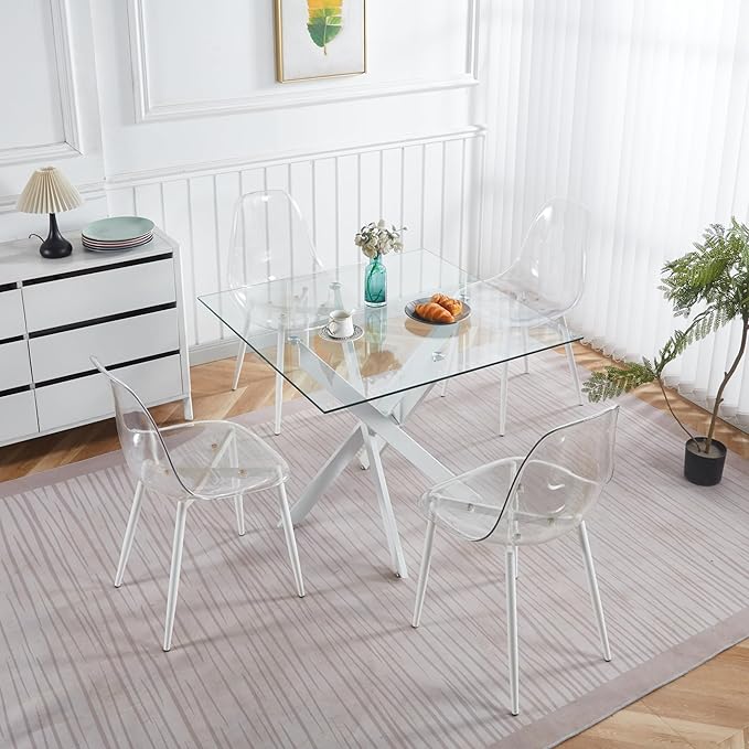36" Square Dining Table for 4, Modern Glass Kitchen Table for 4 with White X Metal Legs, Contemporary Small Glass Dining Room Leisure Tables for Kitchen Apartment