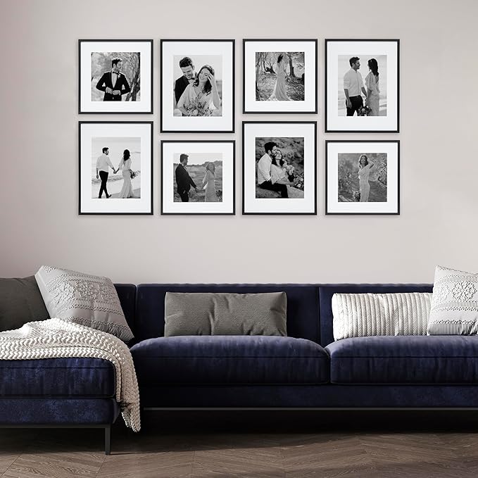 Camden Reed Arcadia 8 Piece Oversized Gallery Wall Frame, 11x14 and 11x11 inch matted frames for featuring 8x10 and 8x8 Inch Photographs or Art Prints, Black Finish