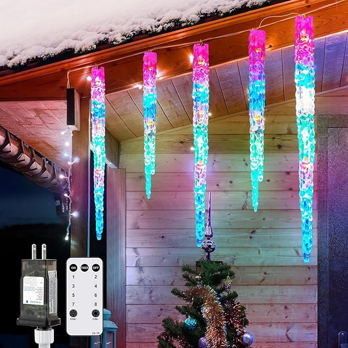 Brightown Icicle Lights Outdoor with Remote, 20ft 100 LED 20 Tubes Connectable Ice Shape Hanging Christmas Lights for Tree Patio Roof Holiday Decor, Multicolor
