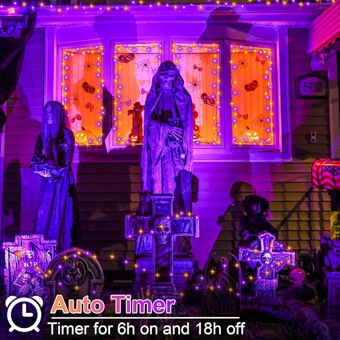 4 Pack Orange Purple Halloween String Lights Battery Operated, Each 16.4Ft 50 LED Indoor Halloween Lights with Timer 8 Modes for Party Yard Patio Decoration
