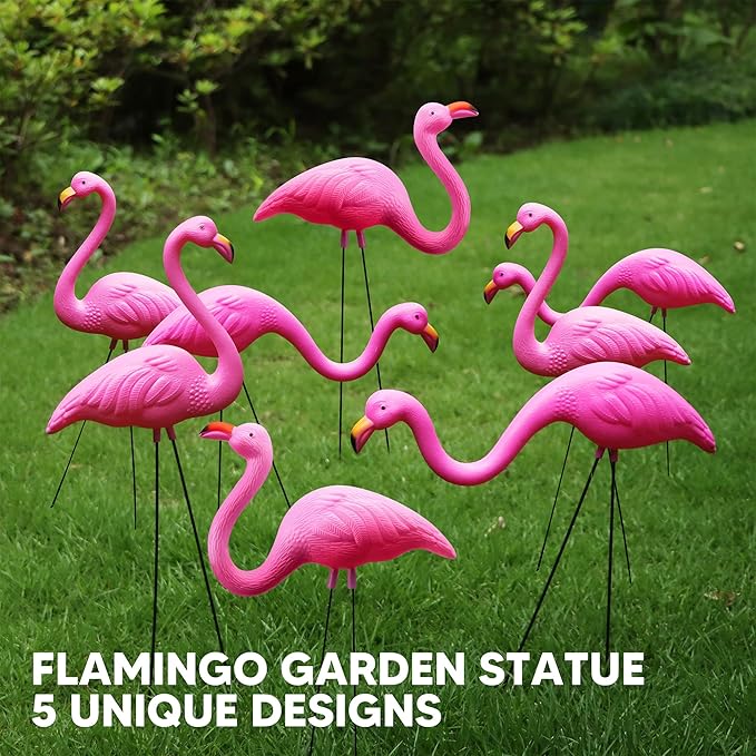 JOYIN 10 Pack Small Yard Flamingos Ornament Stakes, Mini Pink Flamingo Yard Decorations, Mini Lawn Plastic Flamingo Statue with Rubber Coating Metal Legs for Outdoor, Garden, Luau Party Gift (3-10IN)