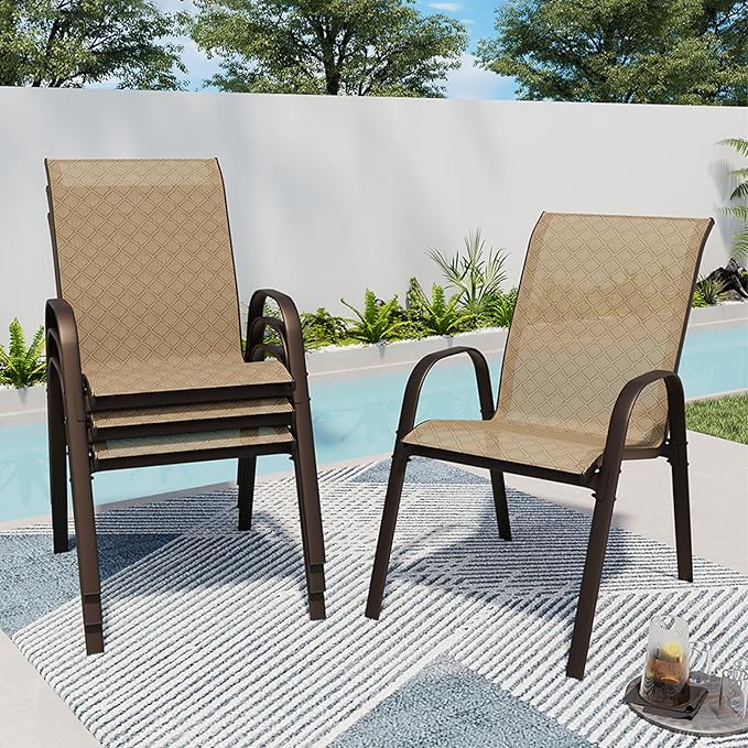 SWITTE Patio Chairs Set of 4 with Armrests, Outdoor Stackable Dining Chairs with Breathable Backrest and Metal Frame for Lawn, Garden, Deck, Poolside, Beige