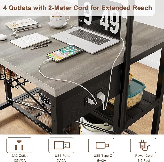 46" Large Kitchen Island Table Baker Rack with Power Outlet and 3-Tier Storage-Microwave Stand Oven Shelf, Metal Coffee Bar Table,Kitchen Storage Shelf for Dining Living Room, 5 Hooks,Grey