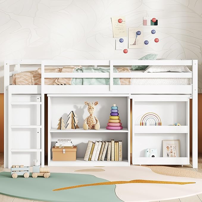 KEIKI Twin Loft Bed with Pull-Out Desk, Drawers & Open Shelves, Wooden Bed Frame with Guardrail, Low Design for Kids, White