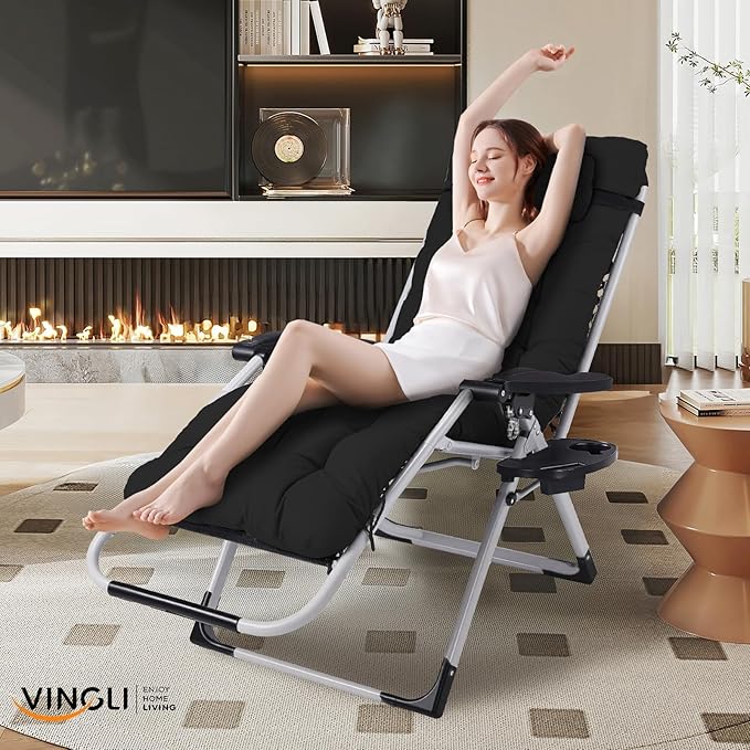 VINGLI Padded Zero Gravity Chair, Lounge Chair with Removable Cushion & Tray， Folding Reclining Patio Chairs， Recliner Chair for Lawn，Indoor Outdoor-Black