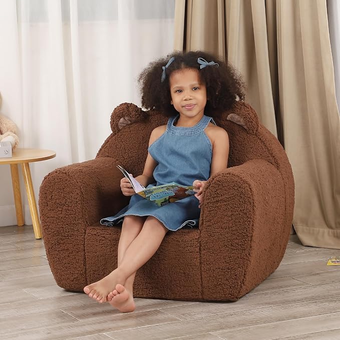 Comfy Toddler Chair, Cuddly Sherpa Teddy Bear Kids Sofa, High Back Kids Reading Chair for Boys and Girls, Brown