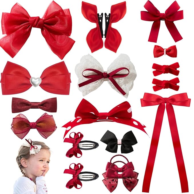 18pcs red hair bows for girls.Red bow with alligator hair clip,hair ties,snap clip hairpins.Handmade hair accessories for girls gift set
