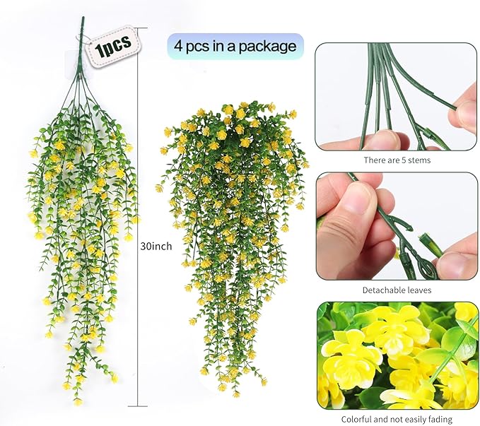 SJL Faux Hanging Plant Artificial Hanging Plants Indoor Ferns for Outdoors 4pcs Fake Plants Vines Eucalyptus Leaf Plastic Flowers Real Touch All Year Round Decor Arch Porch (Yellow)