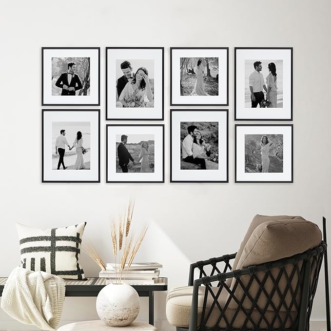Camden Reed Arcadia 8 Piece Oversized Gallery Wall Frame, 11x14 and 11x11 inch matted frames for featuring 8x10 and 8x8 Inch Photographs or Art Prints, Black Finish
