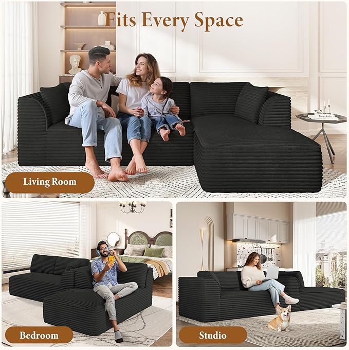 Vesgantti 106" Modular Sectional Sofa with Chaise, Deep Seat Comfy Cloud Couch Corduroy L Shaped Sofa Sectional Couches for Living Room Bedroom, No Assembly Required (Black, Right-Facing Chaise)