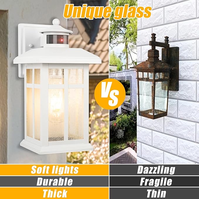 2 Packs Motion Sensor Outdoor Lights, Outside Light Fixtures for House White, Porch Lights Outdoor 2- Pack with E26 Sockets & Tempered Glass, Waterproof Exterior Wall Lights Motion Sensor