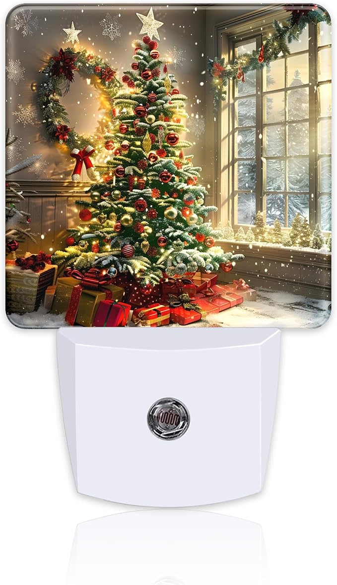 Christma Room Full of Gifts Night Light, Christmas Tree with Red and Gold Ornaments Dusk to Dawn Night Light Plug in, 0.5w Energy Saving Sleep Friendly NightLight for Kids Boys Girls Home Decor