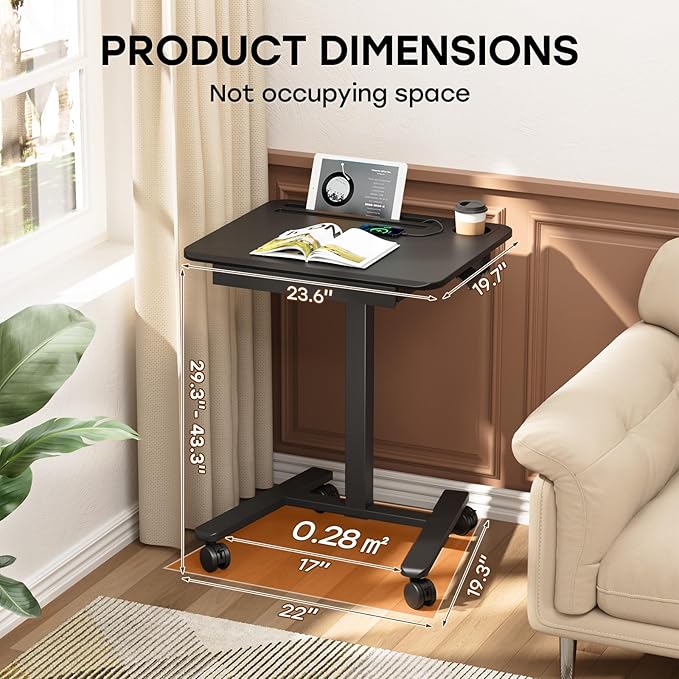 Mobile Small Standing Desk with Drawer, 23.6"x19.7" Rolling Laptop Cart on Wheels, Height Adjustable Sit Stand Computer Workstation with Storage for Compact Space, Black