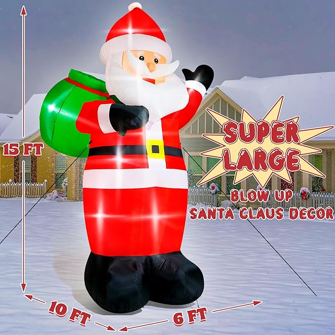 15FT Christmas Inflatables, Giant Inflatable Santa Claus Holding Gift Bags, Blow Up Christmas Santa Claus with 8pcs LED, Inflatable Santa Claus Outdoor Decorations for Party Holiday Lawn Yard
