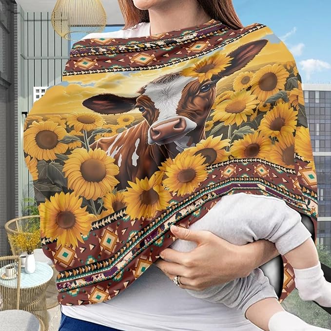 AFPANQZ Stretchy Baby Car Seat Nursing Breastfeeding Cover Breathable Multiuse Infant Carseat Canopy Stroller Cover Scarf for All Seasons Girl Boy Baby Cow Sunflower Yellow