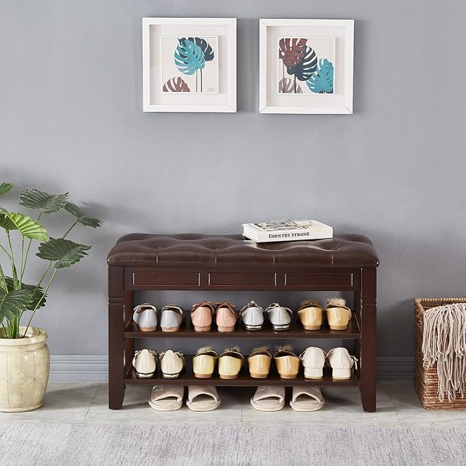 Shoe Storage Bench, Entryway Shoe Rack with Fiberleather Seat 2-Tier Lift Top Organizer Wooden Shoe Bench for Entryway Hallway Living Room (Dark Brown 31.5x13.8x18.9'')