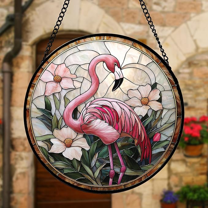 Stained Glass Window Hanging, Flamingo Flower Sun Catchers Diamond Glass Panel Hangings Pink Suncatcher Decor for Birthday for Women, Men, Wife, Aunt, and Mom 15x15 in