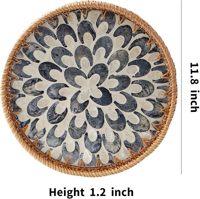 Round Rattan Tray with Mother of Pearl Inlay, Rattan Serving Tray with Wooden Base, Decorative Wicker Basket for Table Decor, Storage and Display of Coffee Bread Food Fruit (Plume)