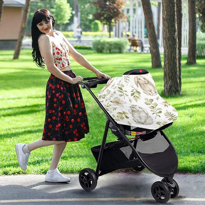 Moudou Cute Rabbit Baby Car Seat Cover, Soft Stretchy Infant Carseat Canopy Cover Newborn Nursing Breastfeeding Cover for Stroller, High Chair, Shopping Cart