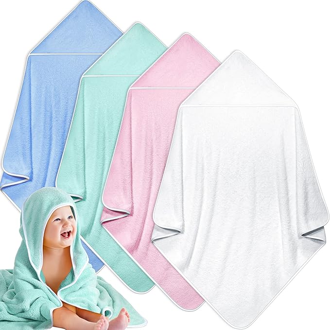 Reginary 4 Pack Baby Hooded Towels Coral Fleece Baby Bath Towels 30 x 30 Inch Soft Absorbent Hooded Bath Blanket for Newborn Toddler Infant Boy Girl Shower Gift Supplies (White, Pink, Green, Blue)