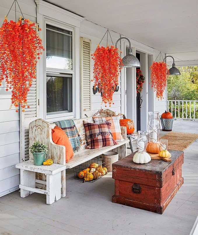 SJL Artificial Hanging Plants Pack of 4 Fall Faux Hanging Plants Artificial Decor Faux Eucalyptus Leaf Fake Autumn Plant Plastic Greenery Plant Flowers for Kitchen Bathroom Thanksgiving Decor(Gold)
