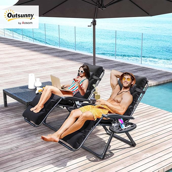Outsunny Zero Gravity Chairs Set of 2, Reclining Folding Zero Gravity Lounge Chair, Outdoor Lounge Chairs with Removable Cushion, Headrest, and Cup Phone Holder Tray for Patio, Beach, Black